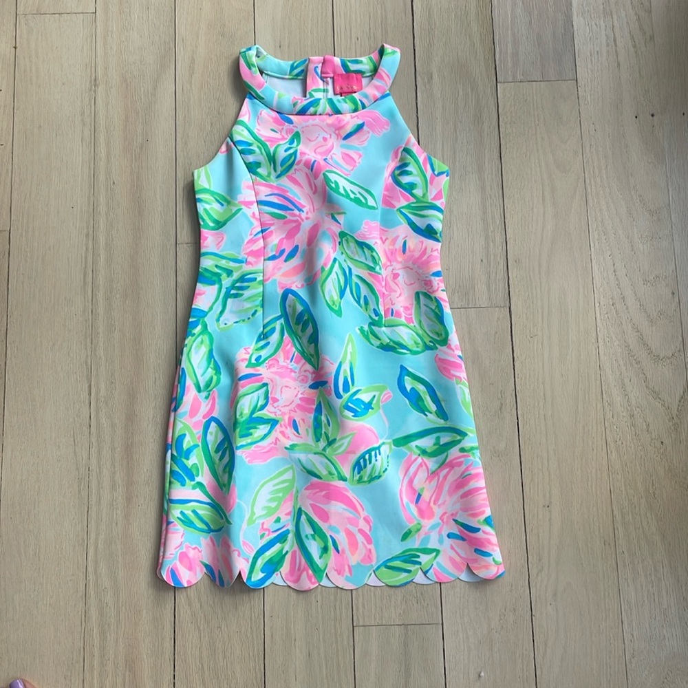 Lilly Pulitzer Girls' Light Blue Dress with Pink & Green Floral Print